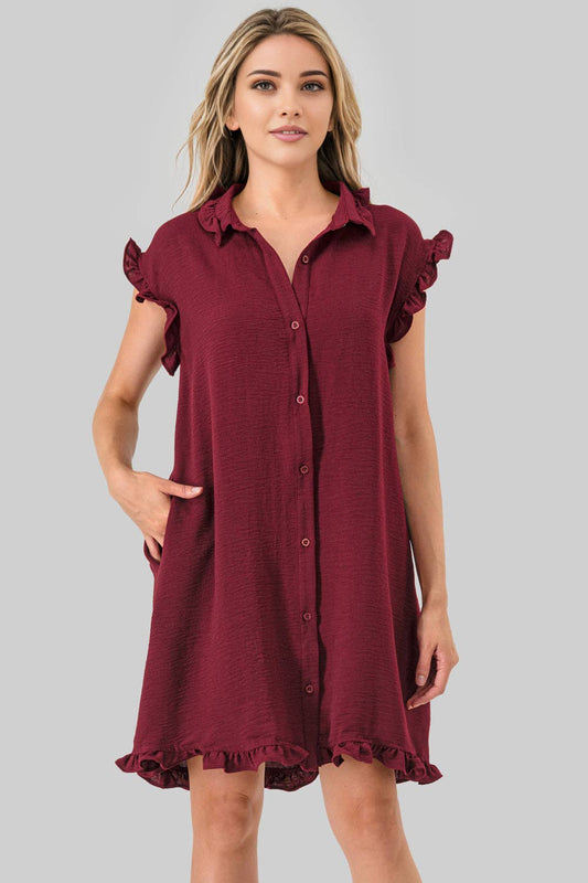 Avery Game Day Ruffle Button Down Dress Burgundy
