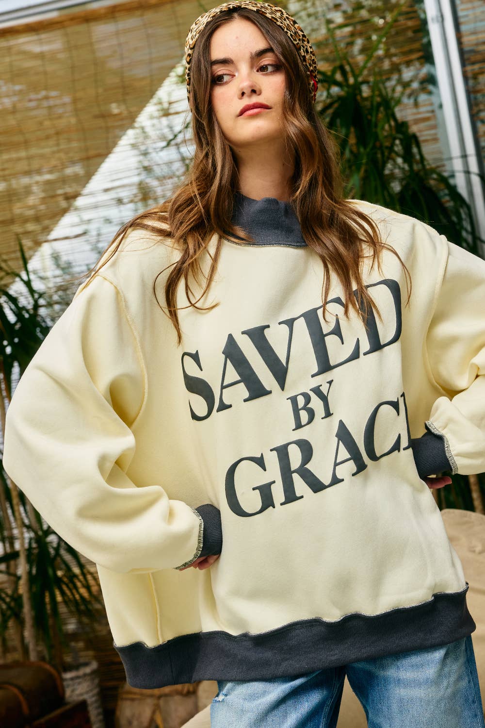 Saved by Grace Puff Print Sweatshirt: CREAM / PINK