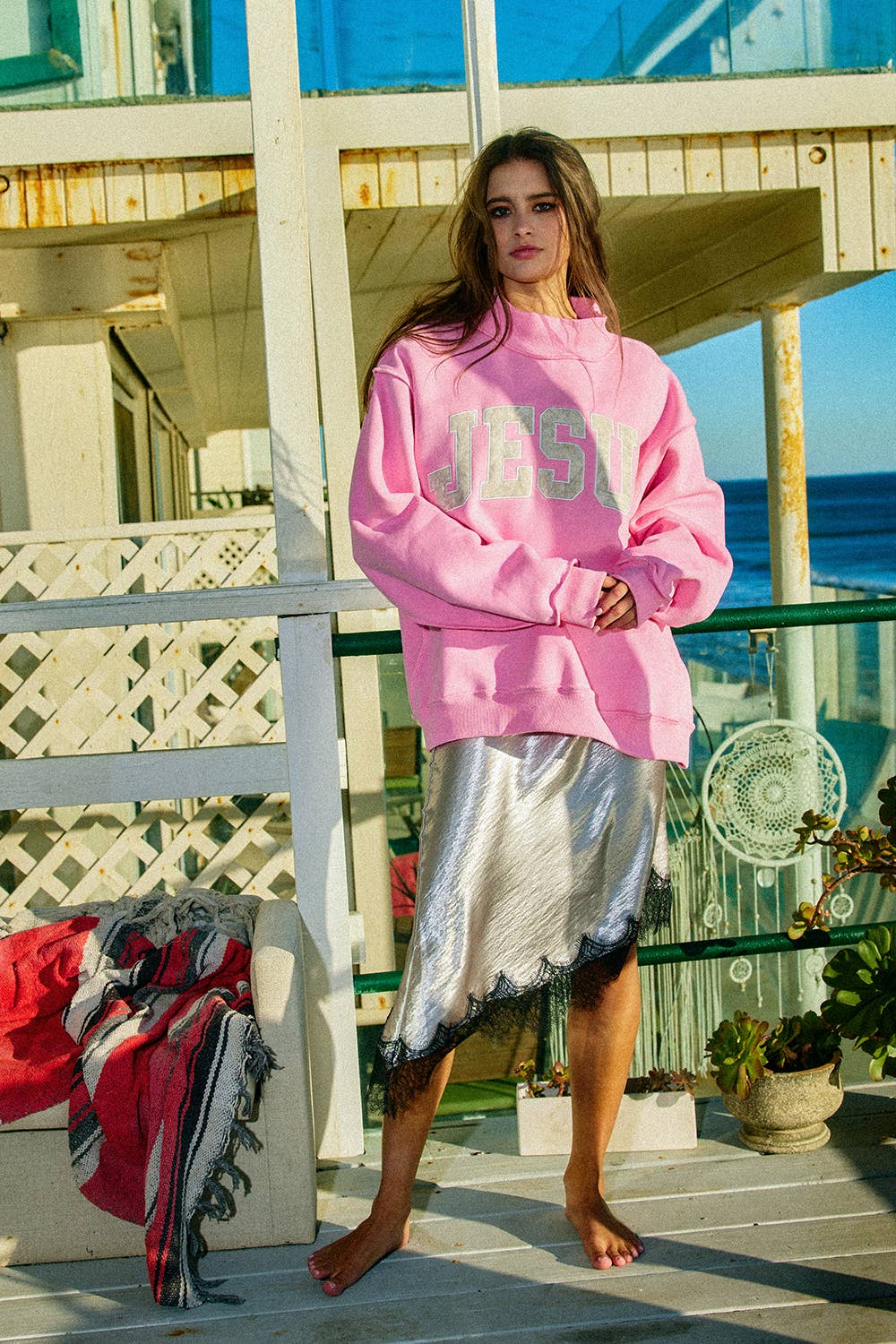 Jesus | Camo Embroidered Mockneck Sweatshirt: BUBBLEGUM PINK