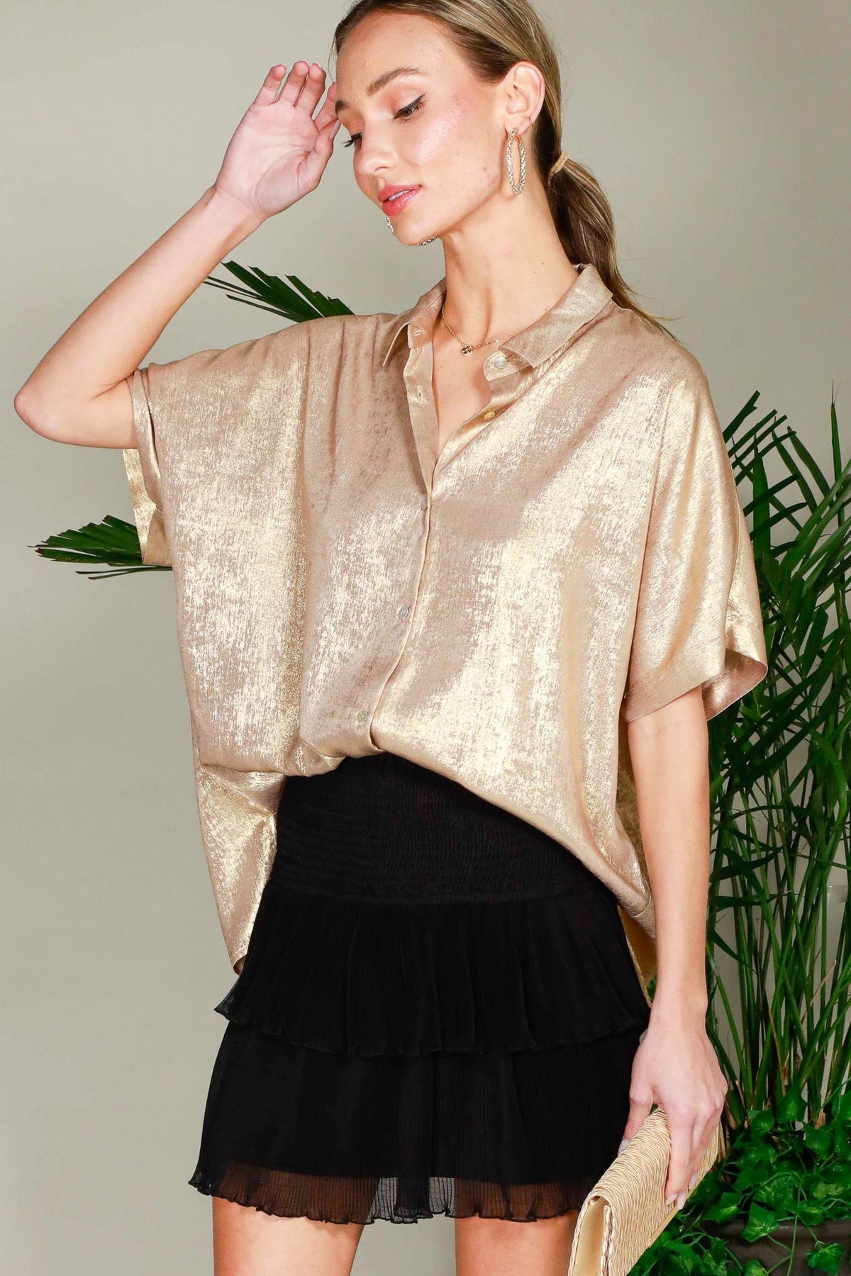 Collared Neck Button Down Metallic Woven Top Gold