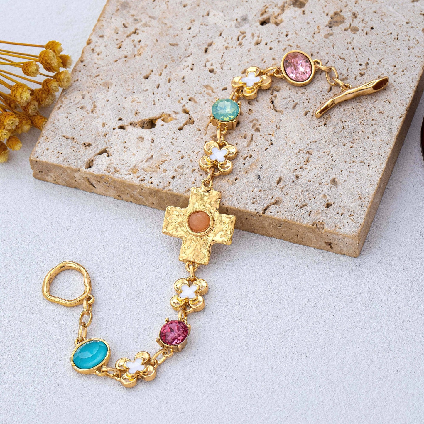 Floral Cross & Gemstone Charm Bracelet GOLD
