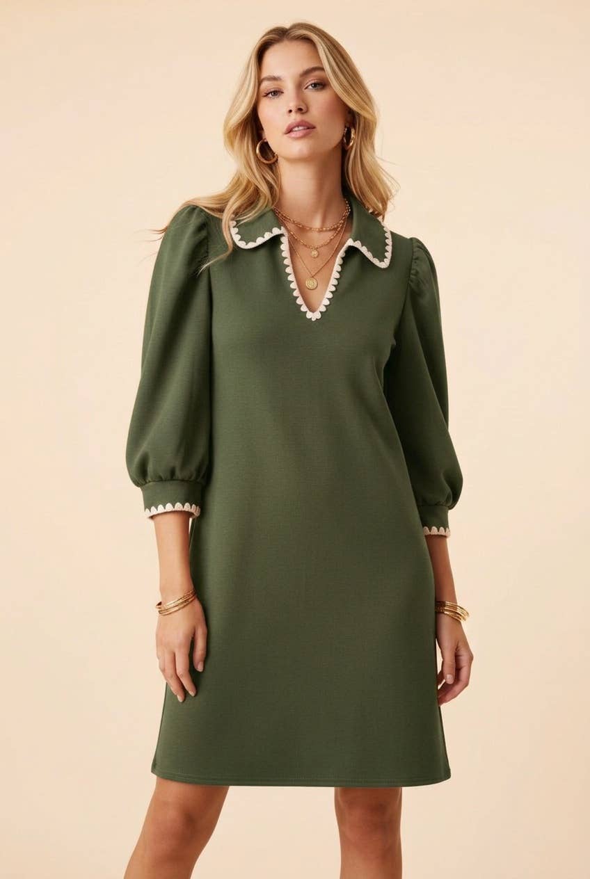 HD50137 Scallop Trim Puff Sleeve Mini Shift Dress : OLIVE / 3-2-1(XL-1XL-2XL)