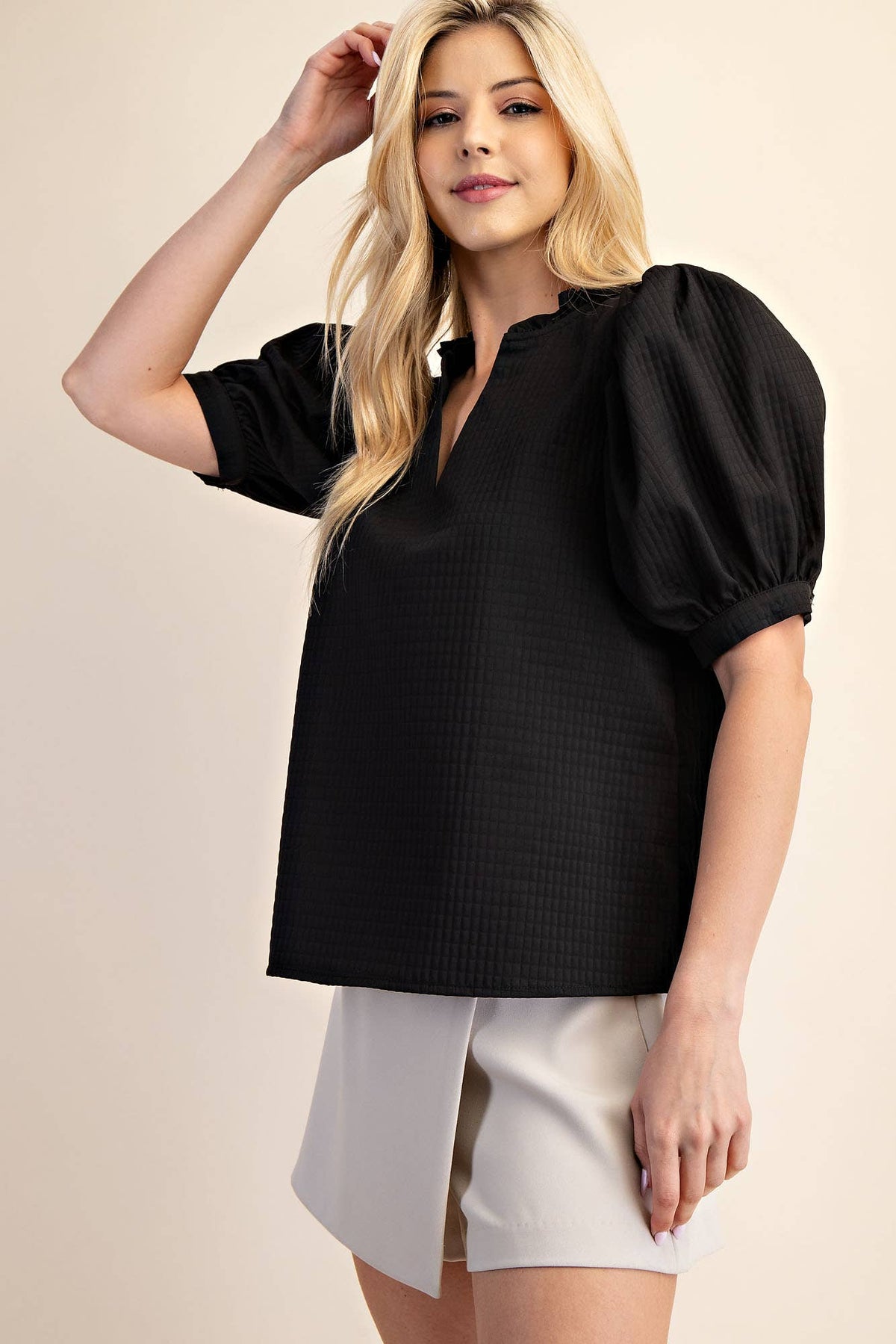 Puff Sleeve Ruffle V-Neck Textured Top: Beige