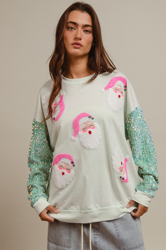 Pink Sequin Santa Pullover- Mint