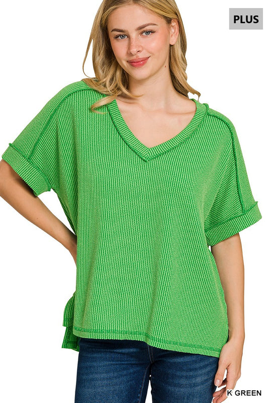 V-Neck Ribbed Tee-Kelly Green