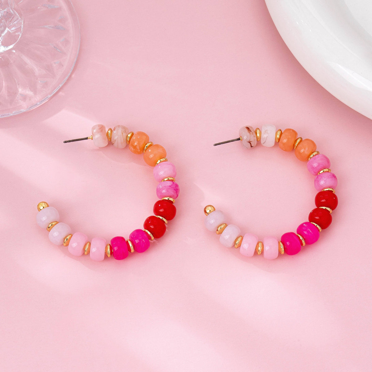 Rainbow Beaded Hoop Earrings Gold