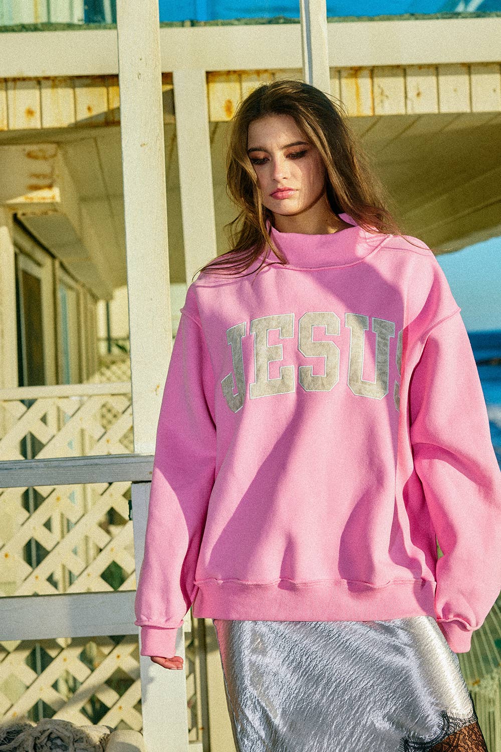 Jesus | Camo Embroidered Mockneck Sweatshirt: BUBBLEGUM PINK