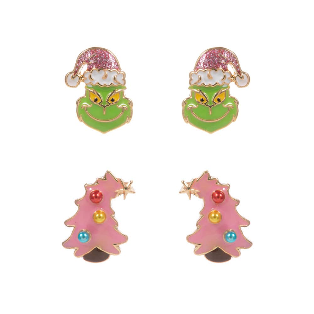 2Pairs - Christmas Grinch Green Monster Stud Earring Set: Pink