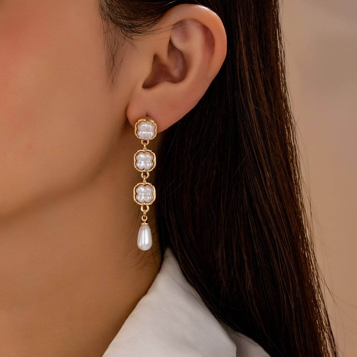 Pearlized Square Link Teardrop Earrings