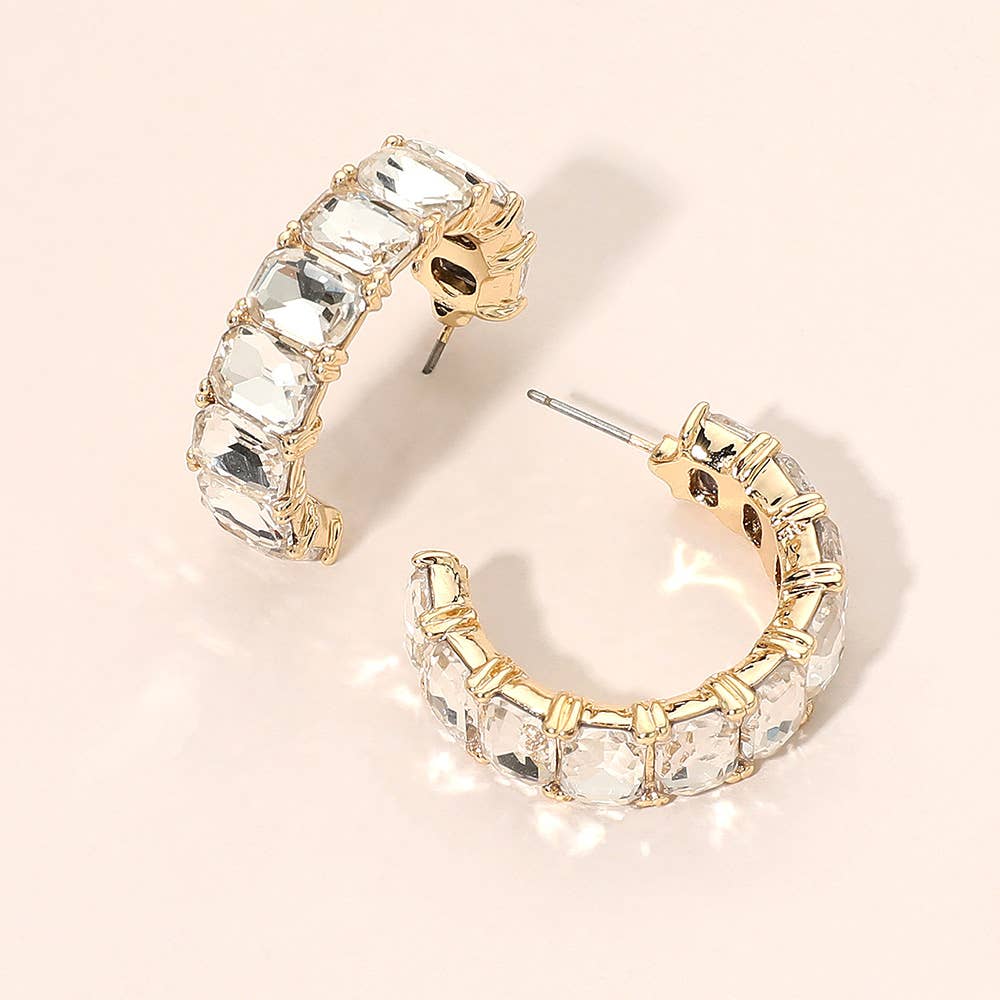 Faceted Rectangular Gem Curved Hoop Earrings: AB,Gold