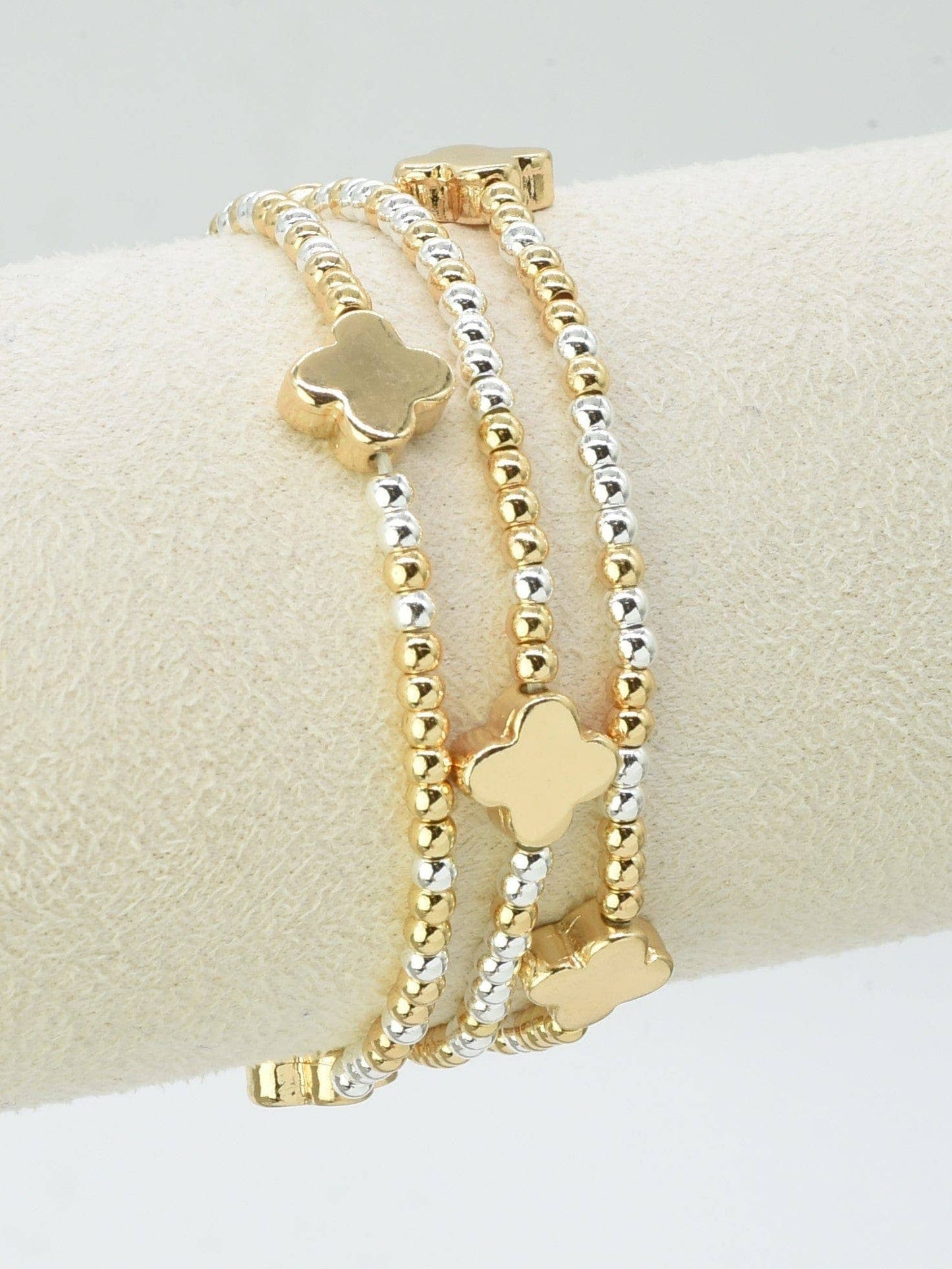 3 Piece Clover Beaded Bracelet Set: Silver