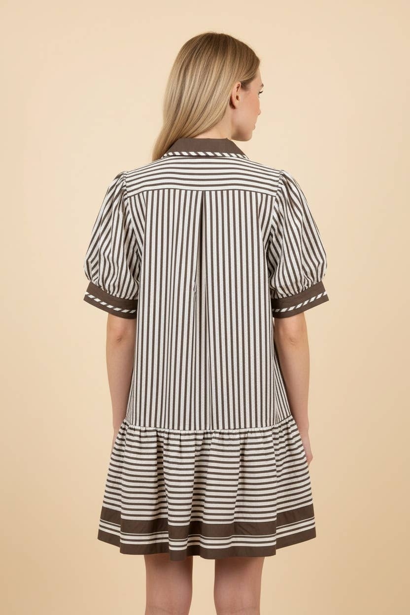 Striped Puff Sleeve Ruffle Dress: MOCHA