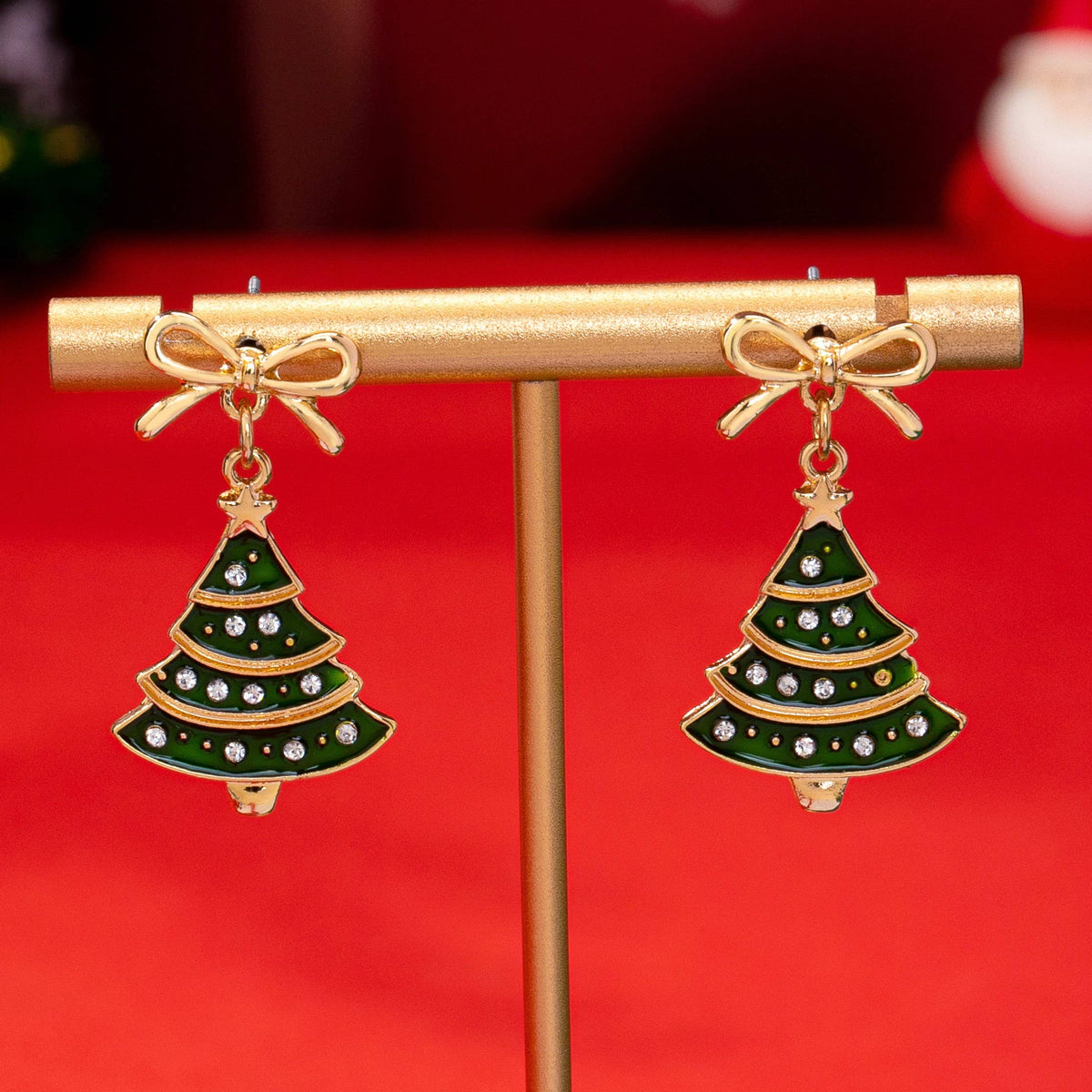 Christmas Tree & Bow Dangle Earrings