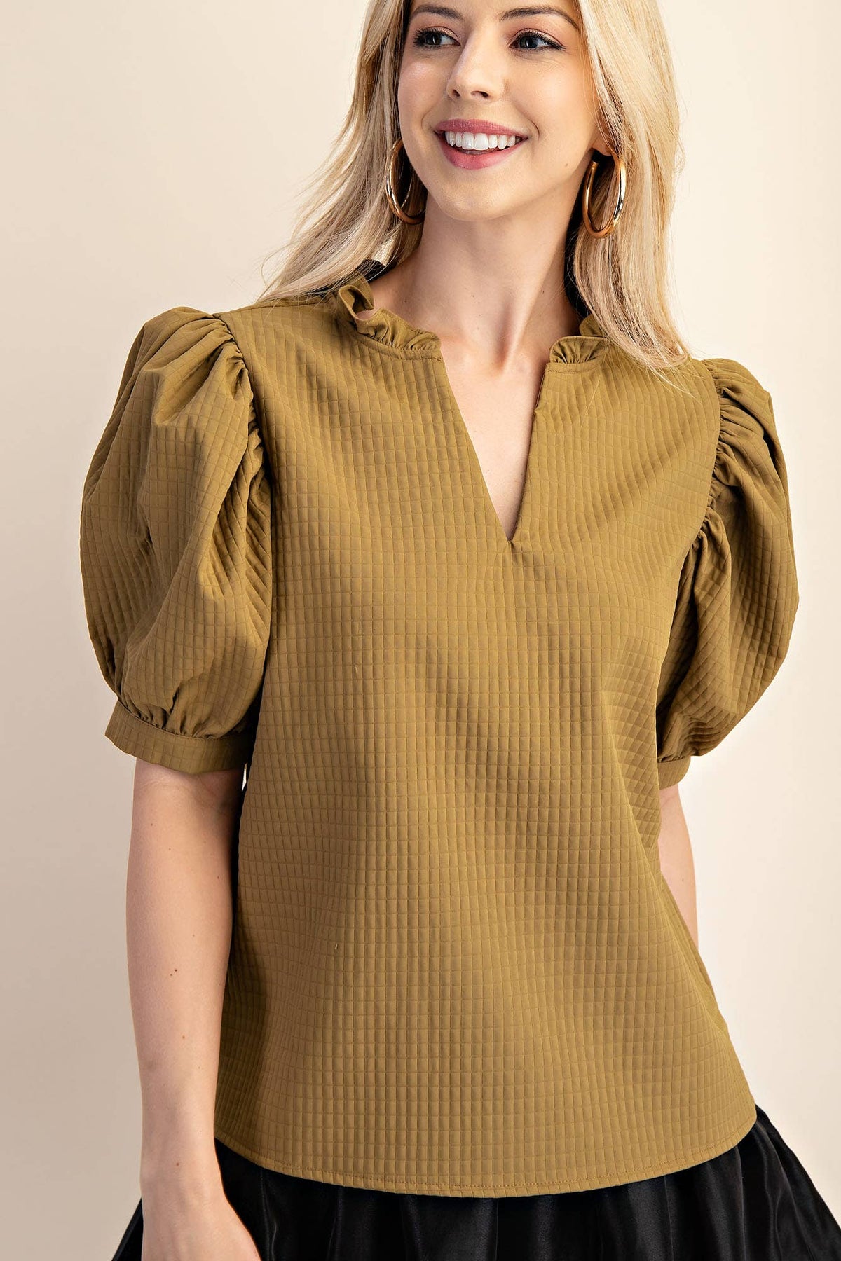 Puff Sleeve Ruffle V-Neck Textured Top: Beige