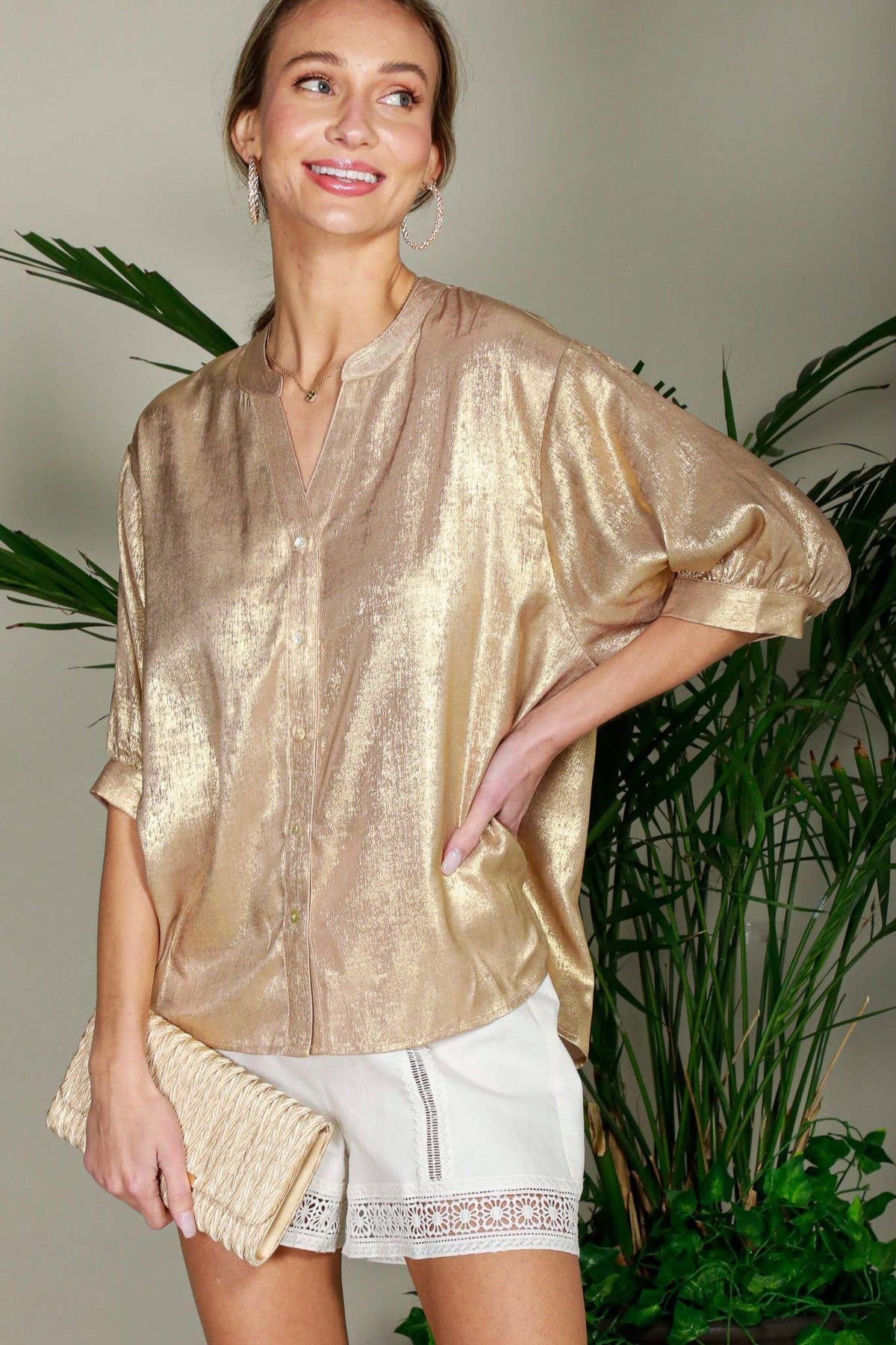 Henley Neckline Metallic Woven Top Gold