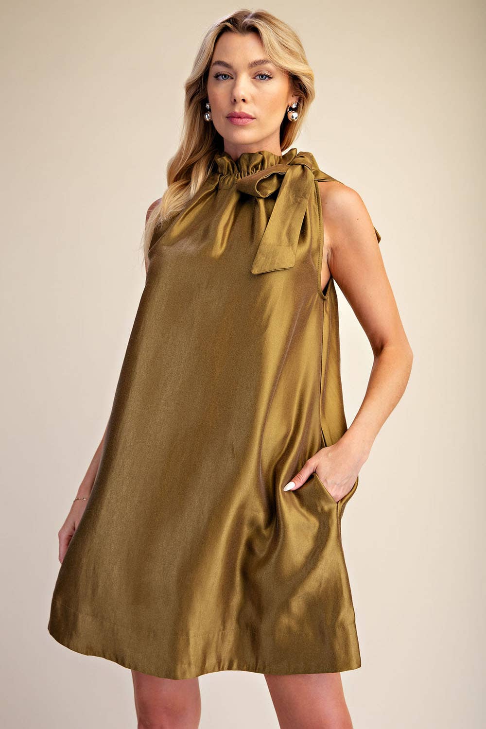 Ruffle Tie Neck Sleeveless Side Pocket Mini Dress: Champagne