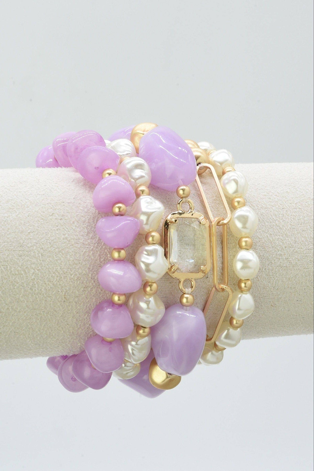 5 Piece Glass CCB Acrylic Stretch Bracelet Set: Magenta