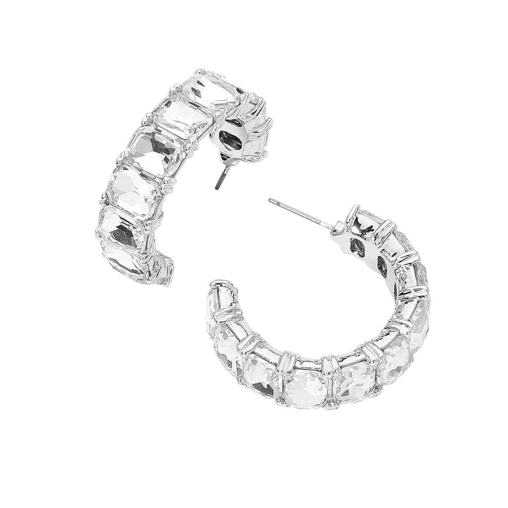 Faceted Rectangular Gem Curved Hoop Earrings: Champagne,Gold