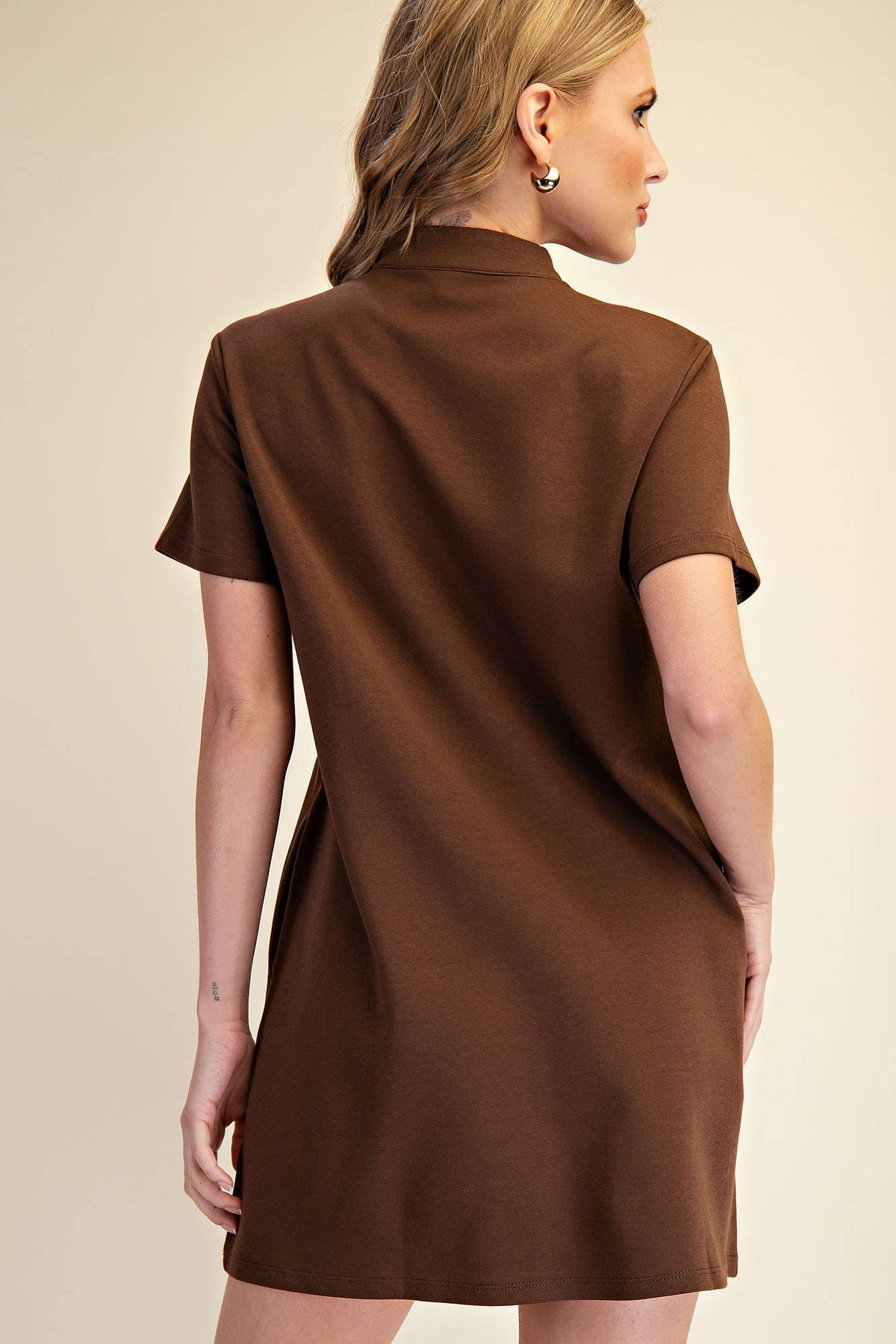 Stand Collar V-Neck Slit Dress: Hunter Green