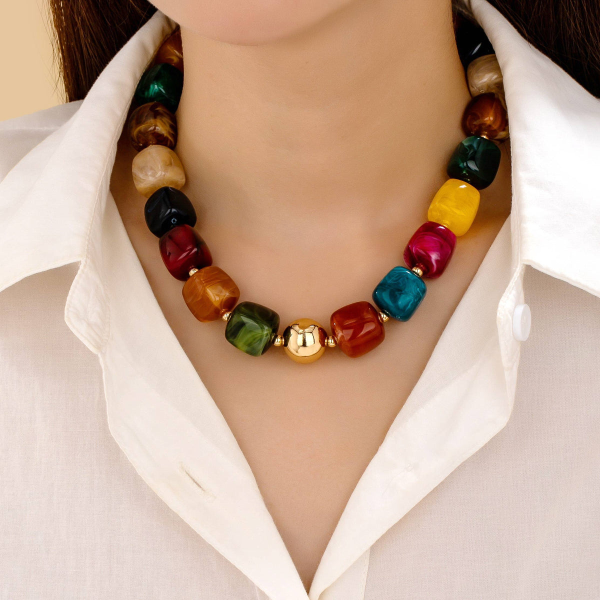 Multicolor Marbled Resin Bead Statement Necklace