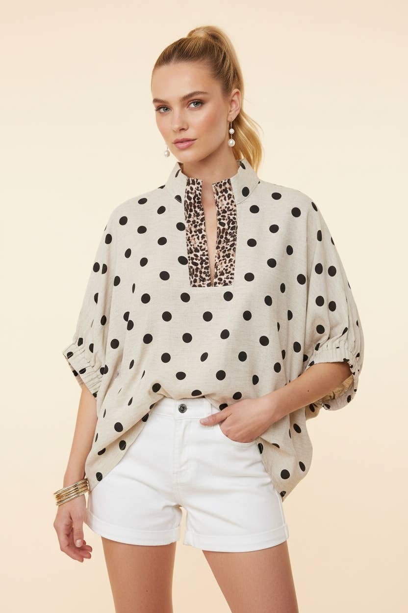 HT20528 Polka Dot Leopard Trim Dolman Sleeve Blouse: BLACK / 3-2-1(XL-1XL-2XL)