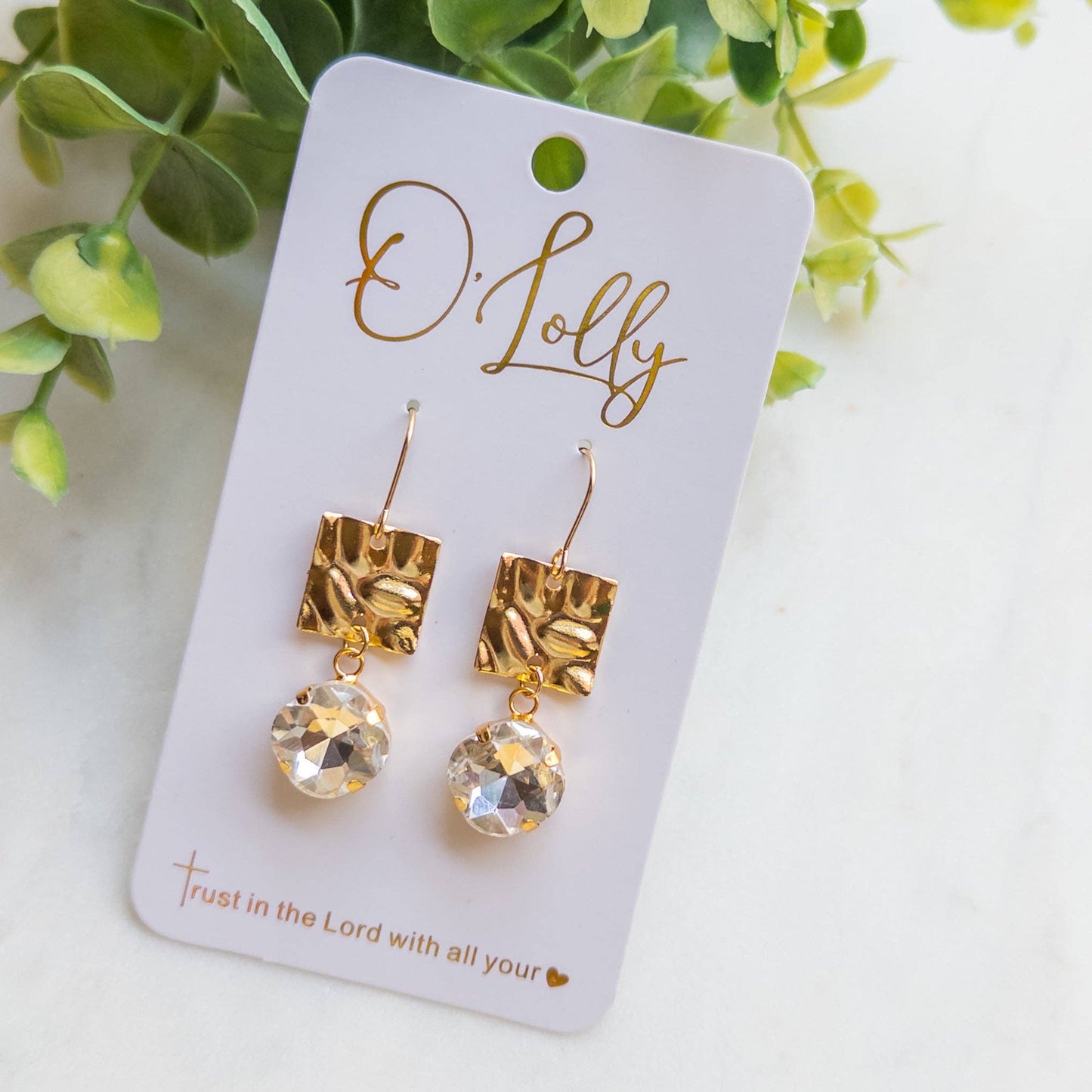 Gold Textured Square Connector w/Clear Stone Dangle Earrings “Honey”