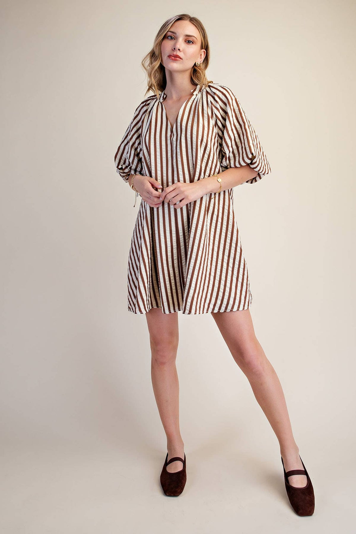 Puff-Sleeve Shift Stripe Mini Dress: Brown
