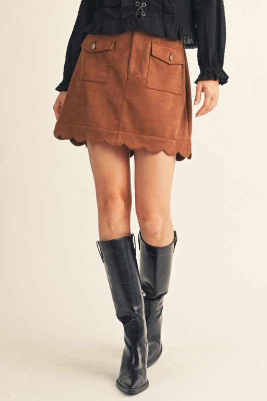 Scallop Hem Suede Skirt