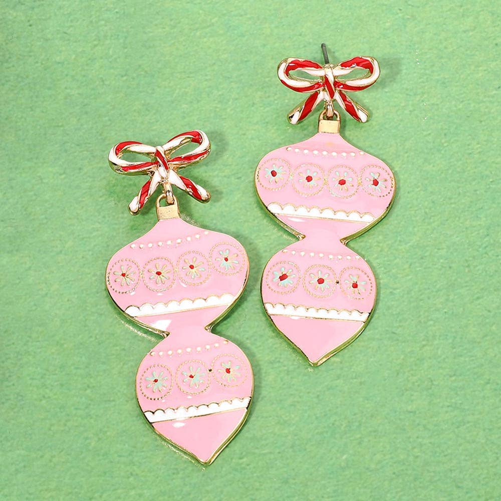 Triple Enamel Christmas Bow Ornament Link Drop Earrings: Gold,Pink