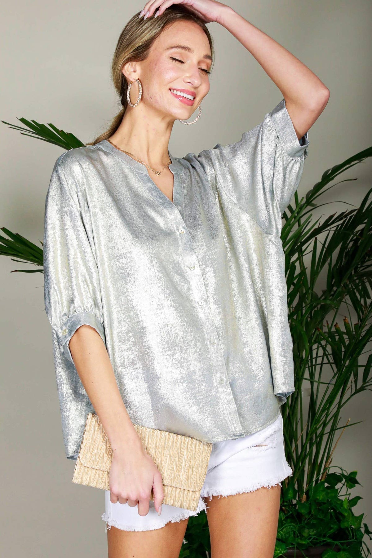 Henley Neckline Metallic Woven Top Gold