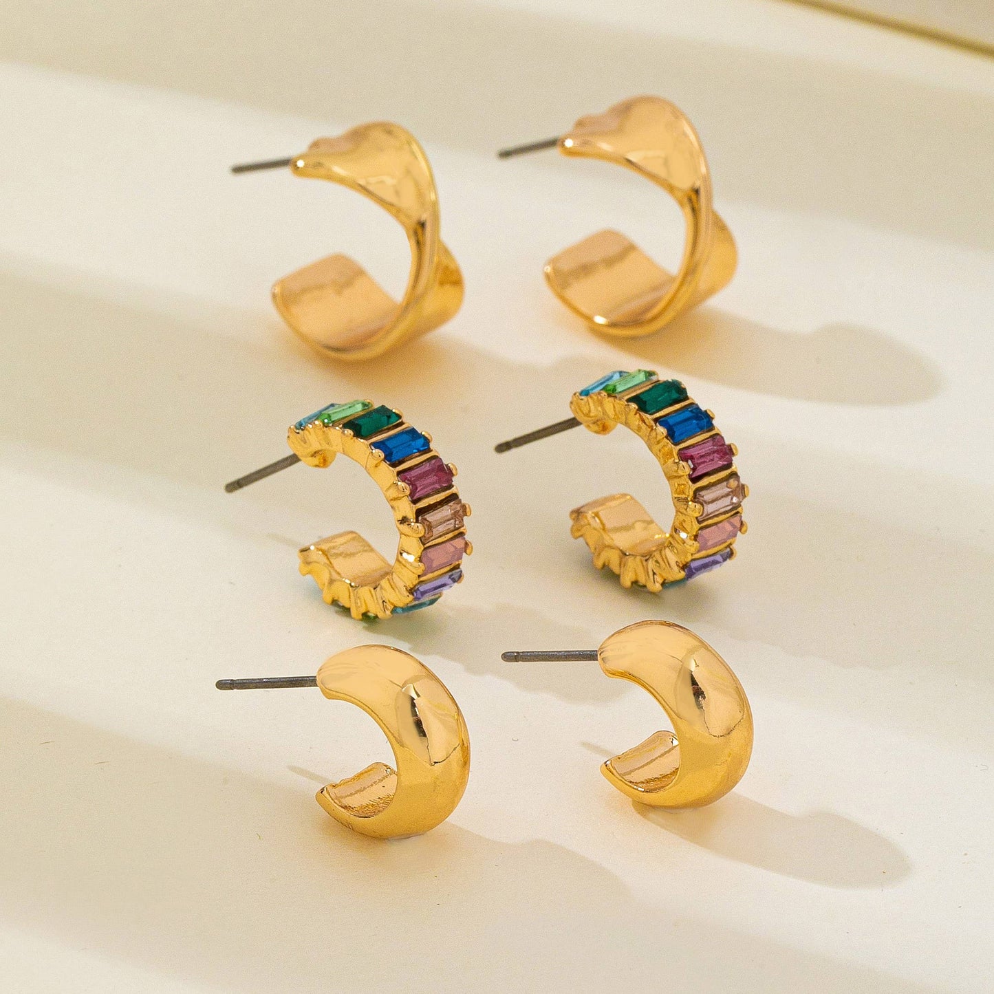 Multi Colored Baguette Twisted Hoop Trio Earring |GOLD