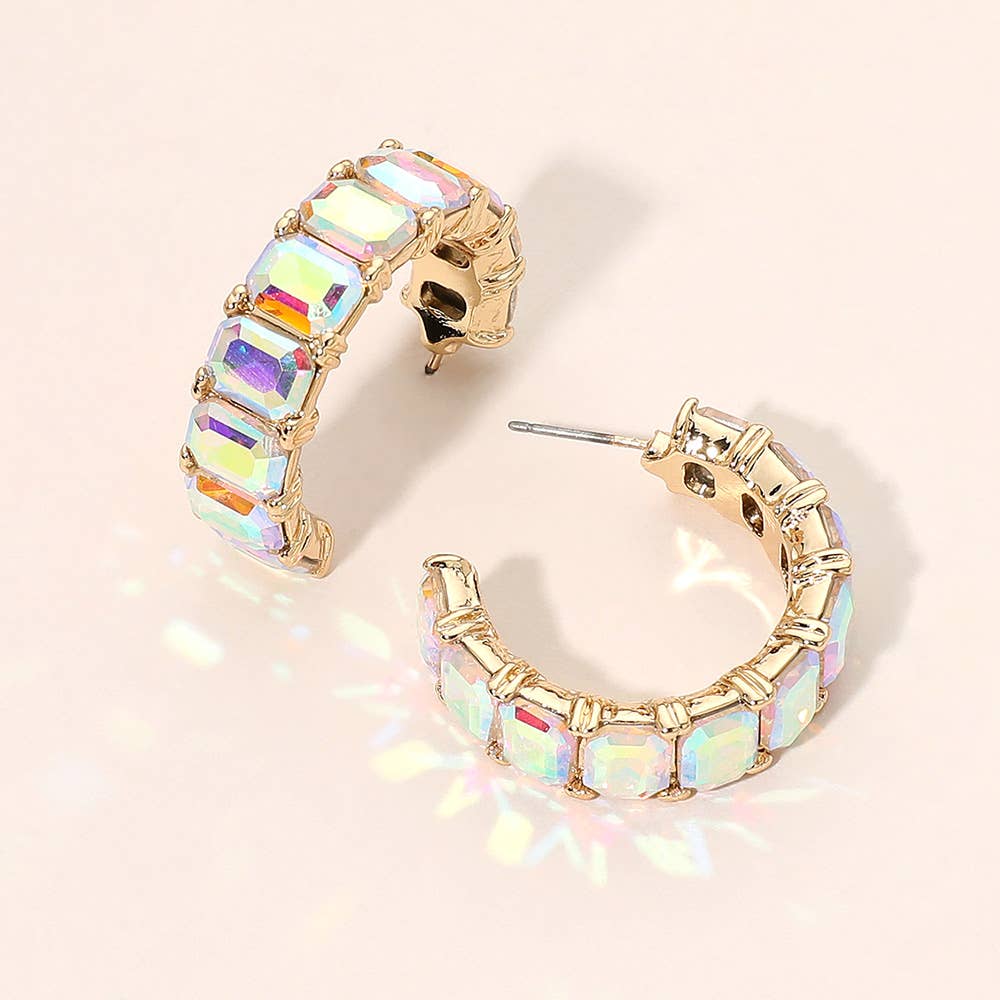 Faceted Rectangular Gem Curved Hoop Earrings: Champagne,Gold
