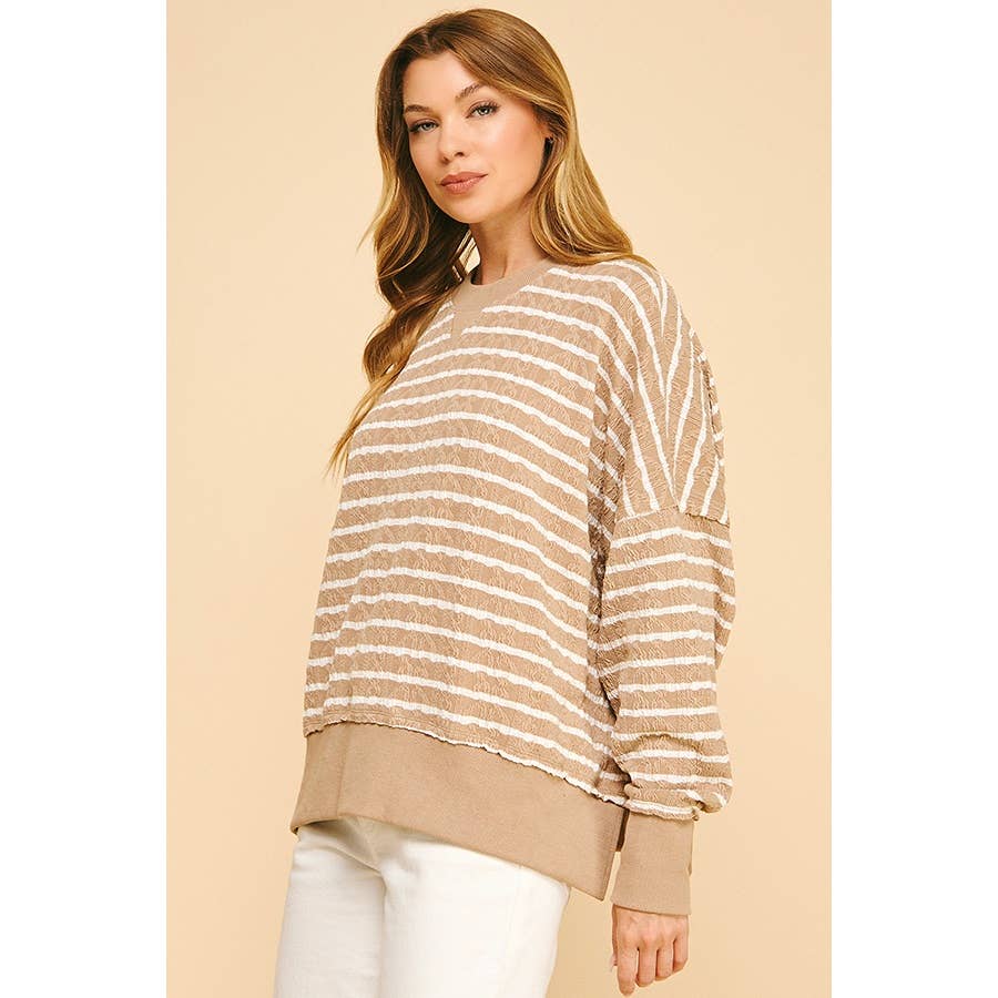 Relaxed Fit Textured Striped Pullover Top: Brown