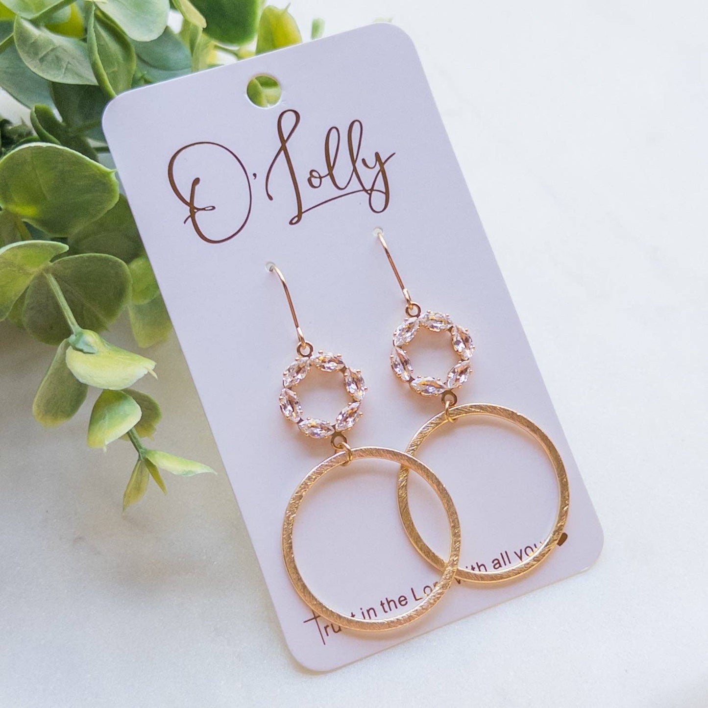 Cubic Zirconia Open Connector w/Gold Texture Hoop Dangle Earrings “Jenny”