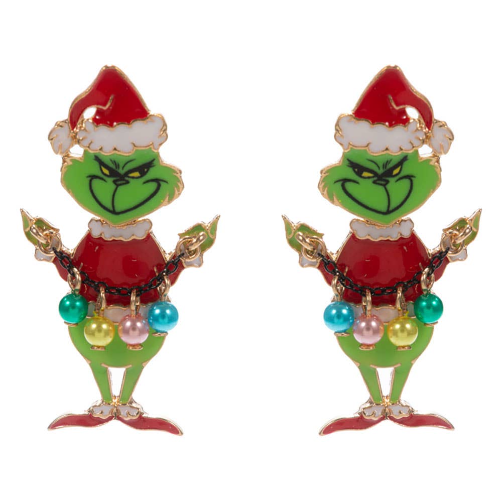 Holiday Grinch Green Monster with Ornament Earrings: Pink