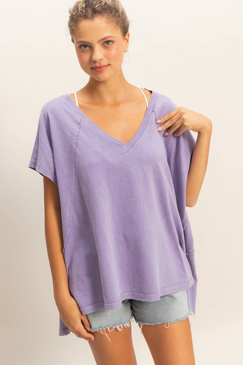Oversized V-Neck Mineral Washed Top: BLUE