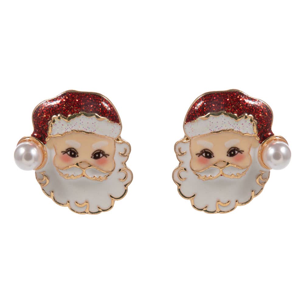 Pearl Glittered Hat Santa Face Stud Earrings: Red