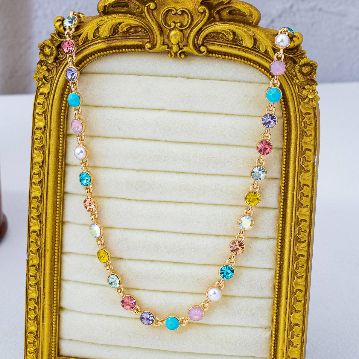 Multi Color Crystal & Pearl Tennis-Style Necklace GOLD
