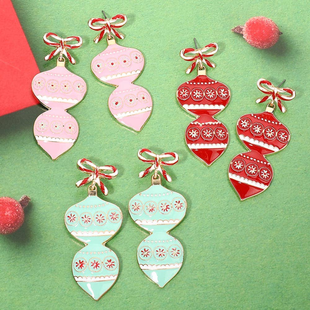 Triple Enamel Christmas Bow Ornament Link Drop Earrings: Gold,Pink