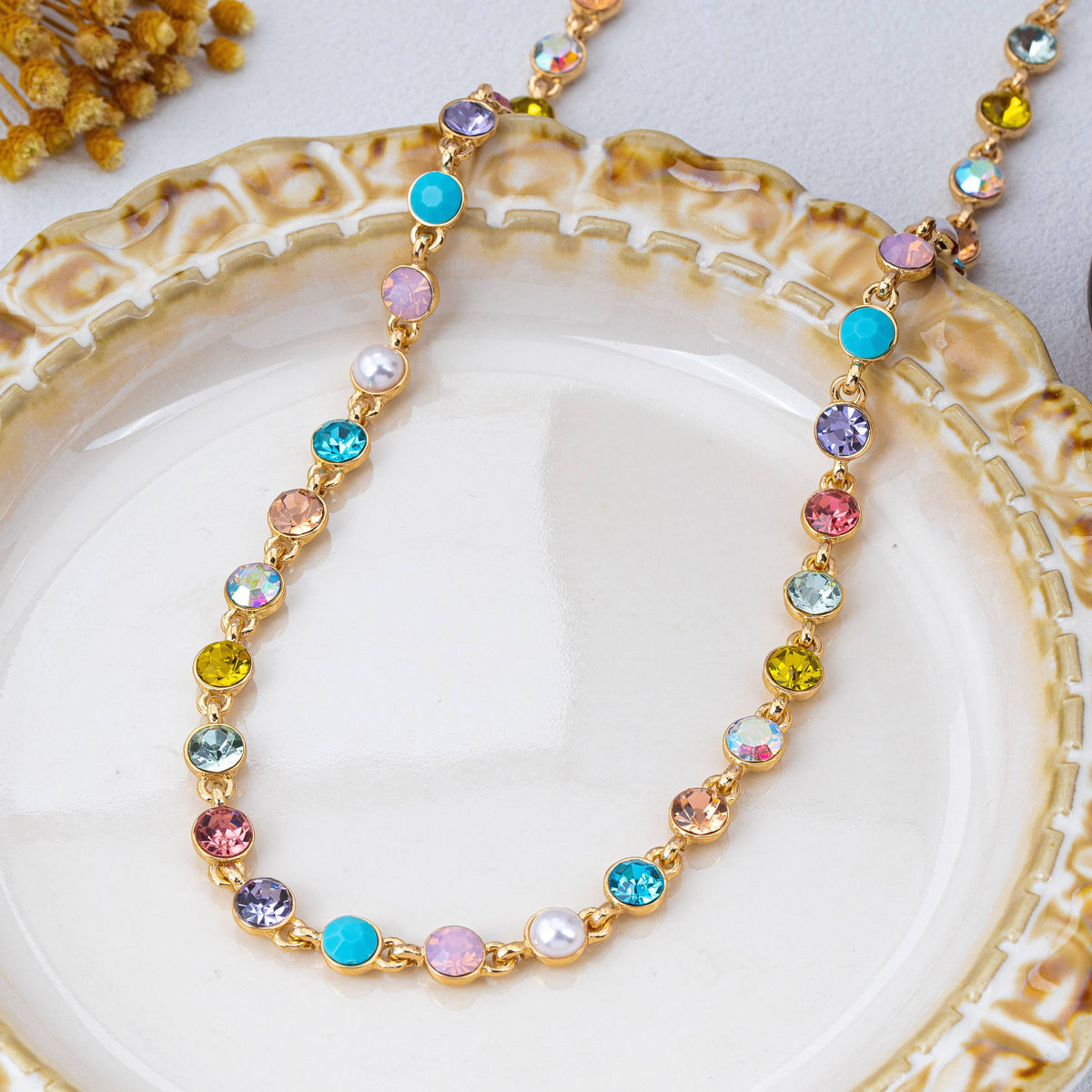 Multi Color Crystal & Pearl Tennis-Style Necklace GOLD