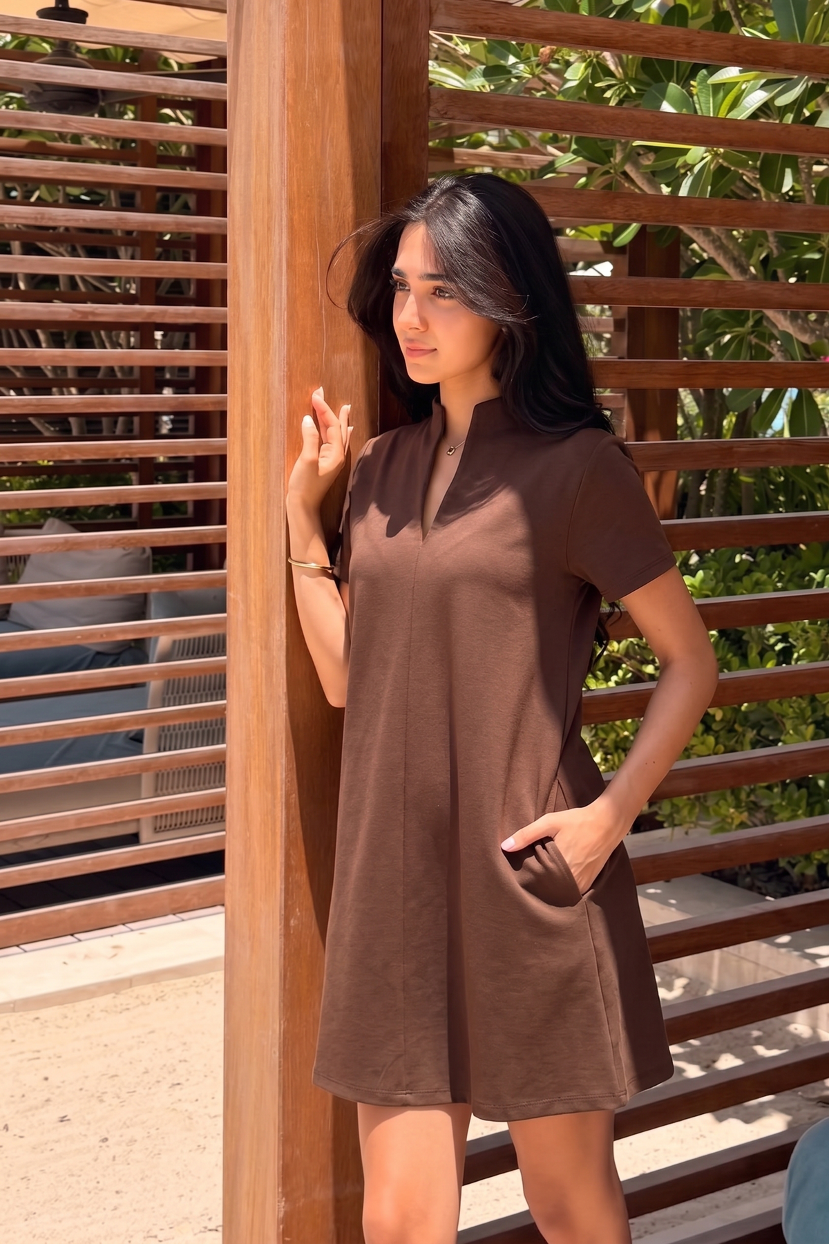 Stand Collar V-Neck Slit Dress: Hunter Green