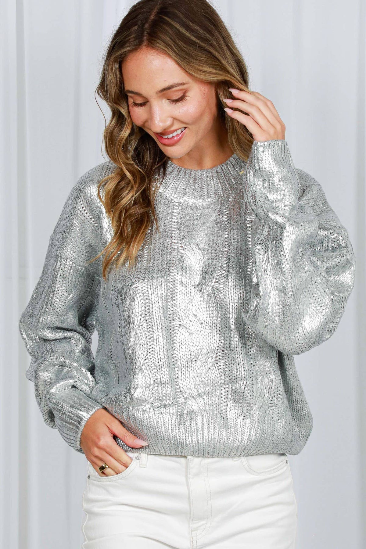 Metallic Foil Crew Neck Knitted Sweater Gold