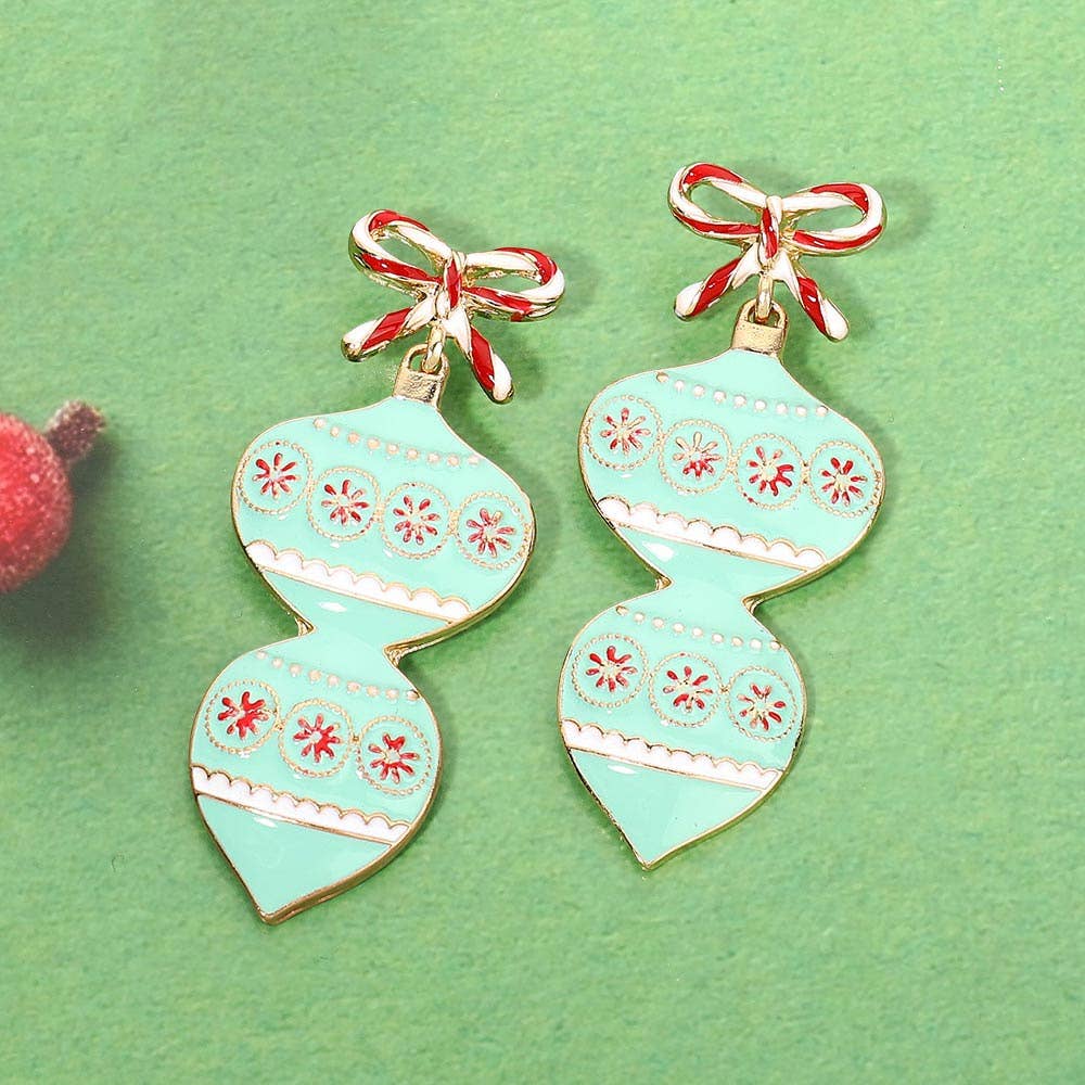 Triple Enamel Christmas Bow Ornament Link Drop Earrings: Gold,Red
