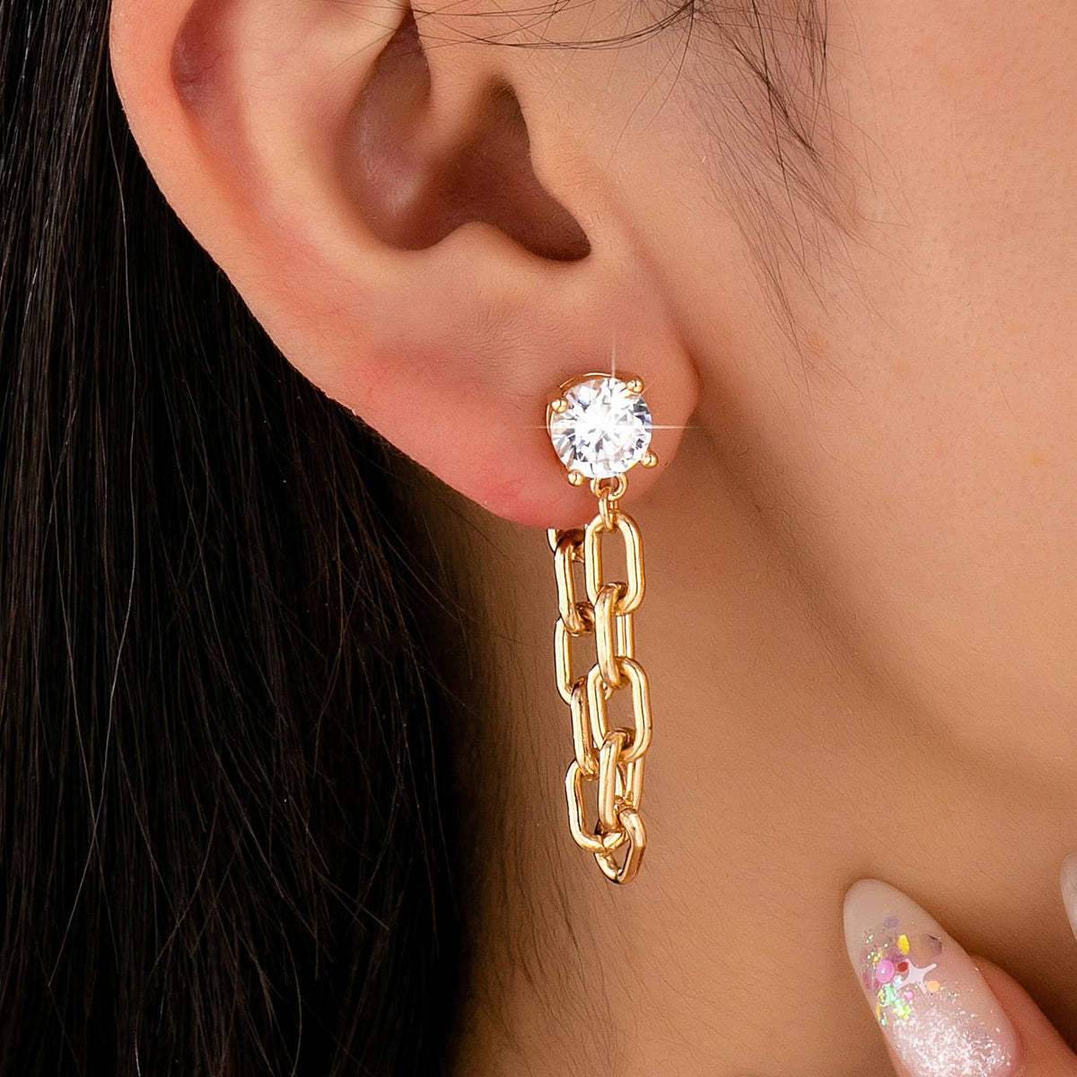 Crystal Stud Hoop and Drop Link Earrings Gold