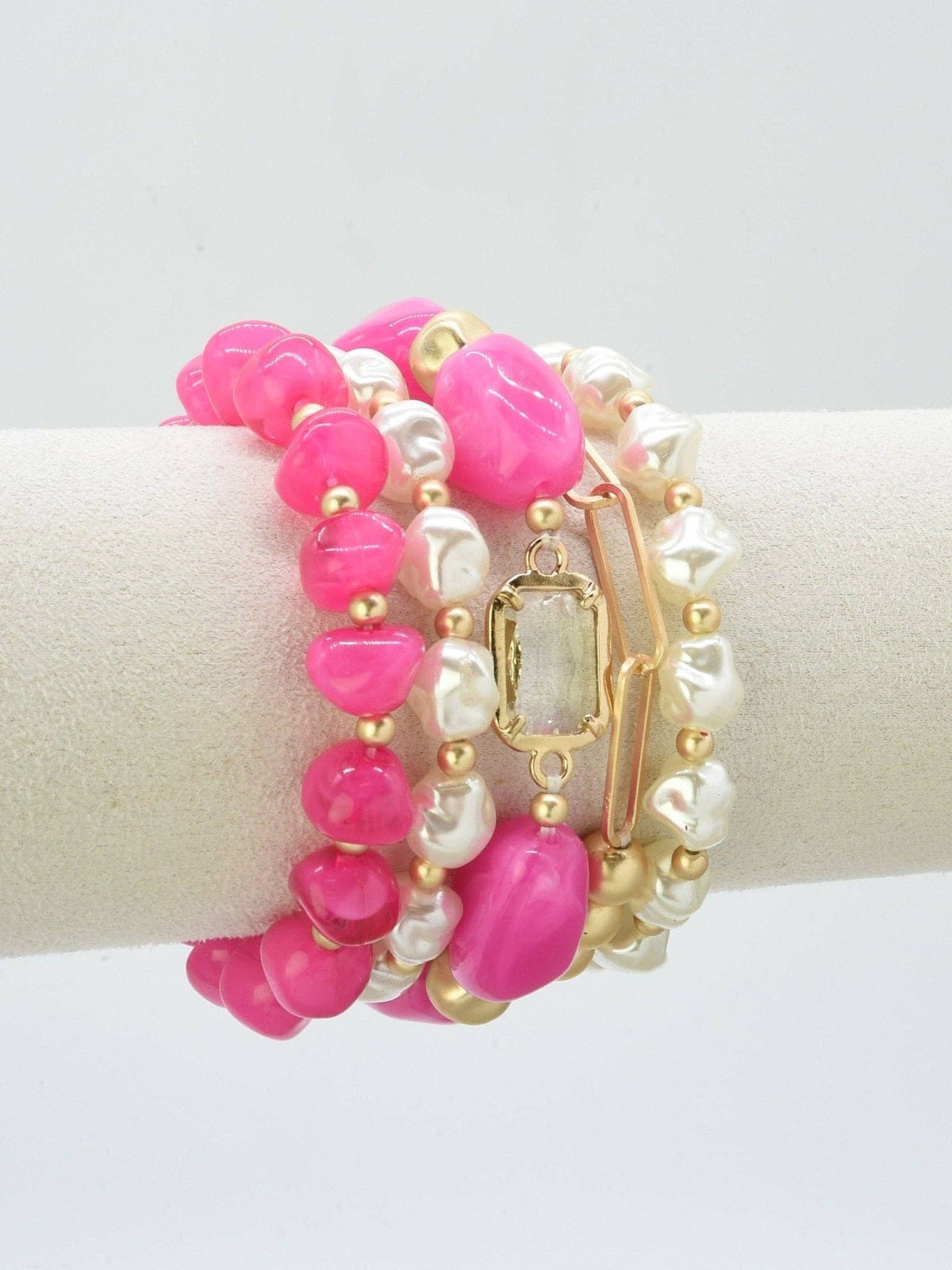 5 Piece Glass CCB Acrylic Stretch Bracelet Set: Magenta