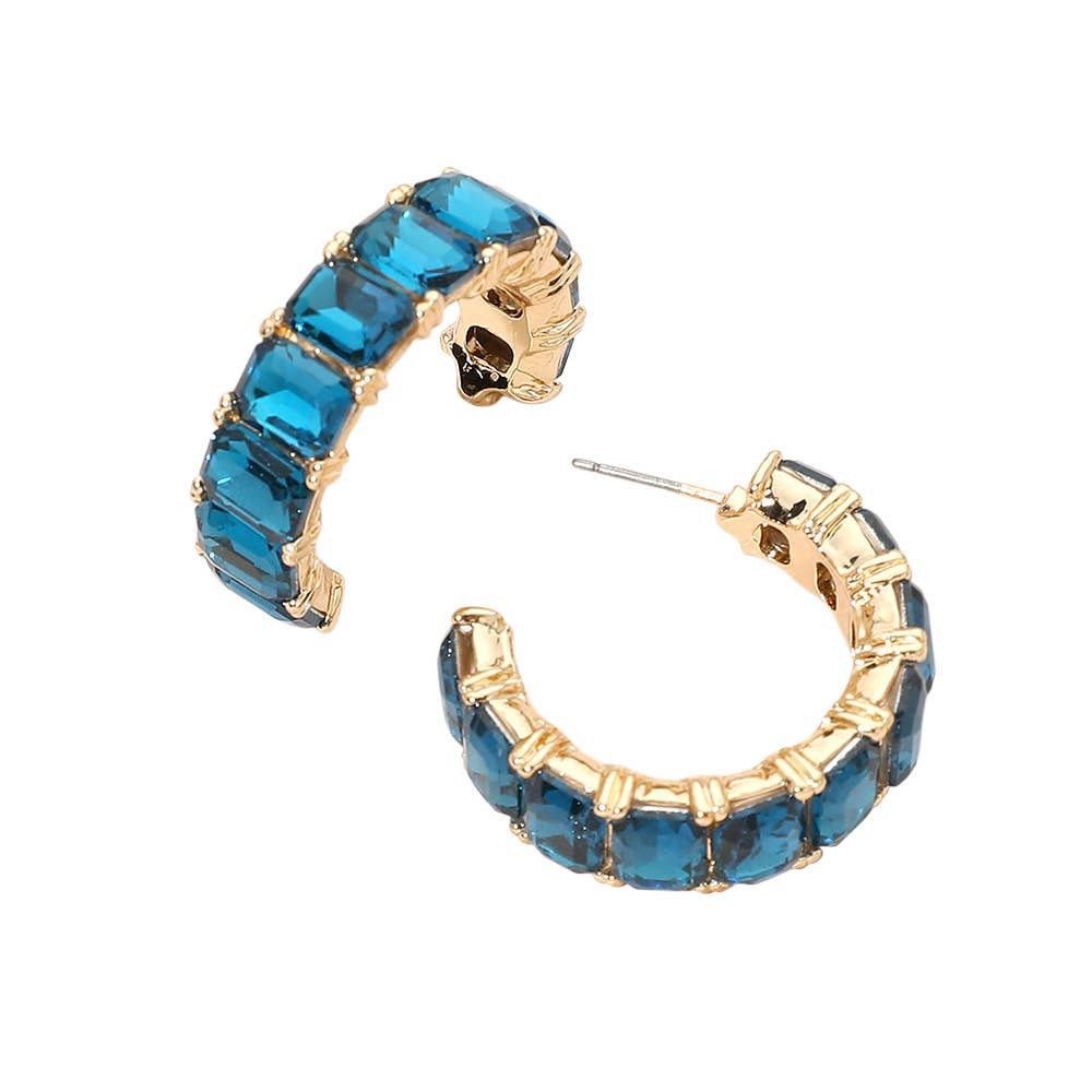 Faceted Rectangular Gem Curved Hoop Earrings: Champagne,Gold