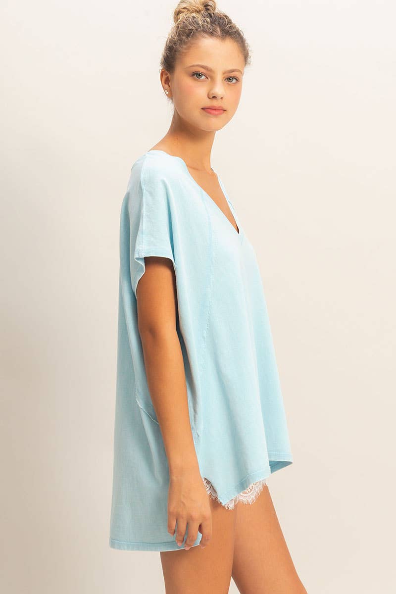 Oversized V-Neck Mineral Washed Top: BLUE