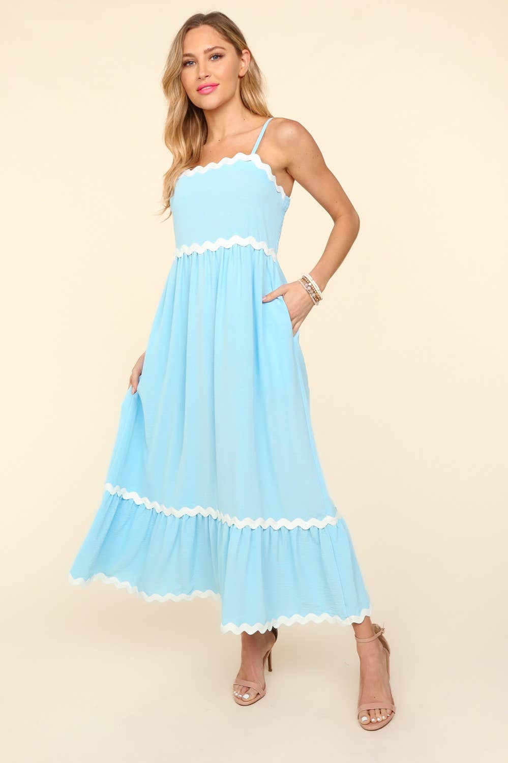 Square Neck Strap Adjust Fit and Flare Maxi :Light Blue