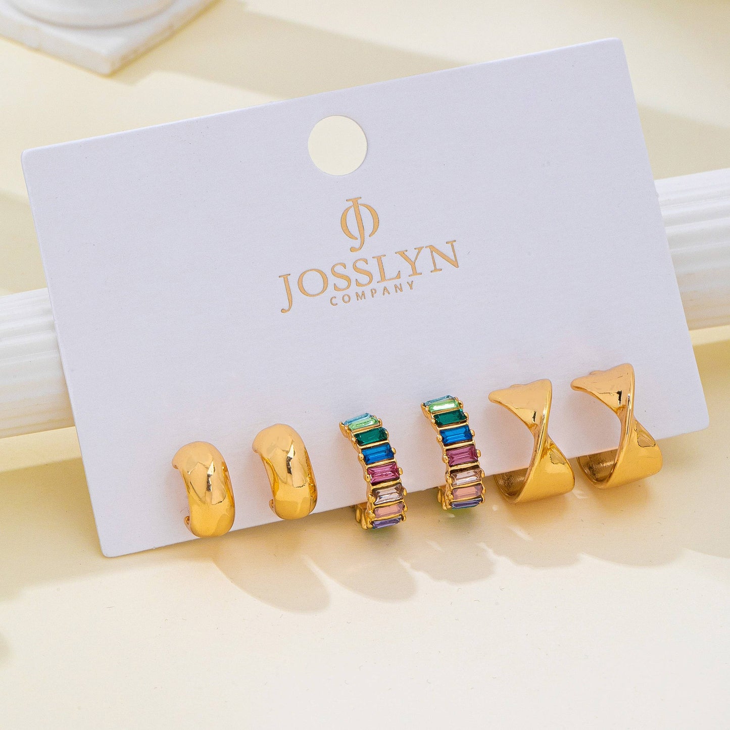 Multi Colored Baguette Twisted Hoop Trio Earring |GOLD
