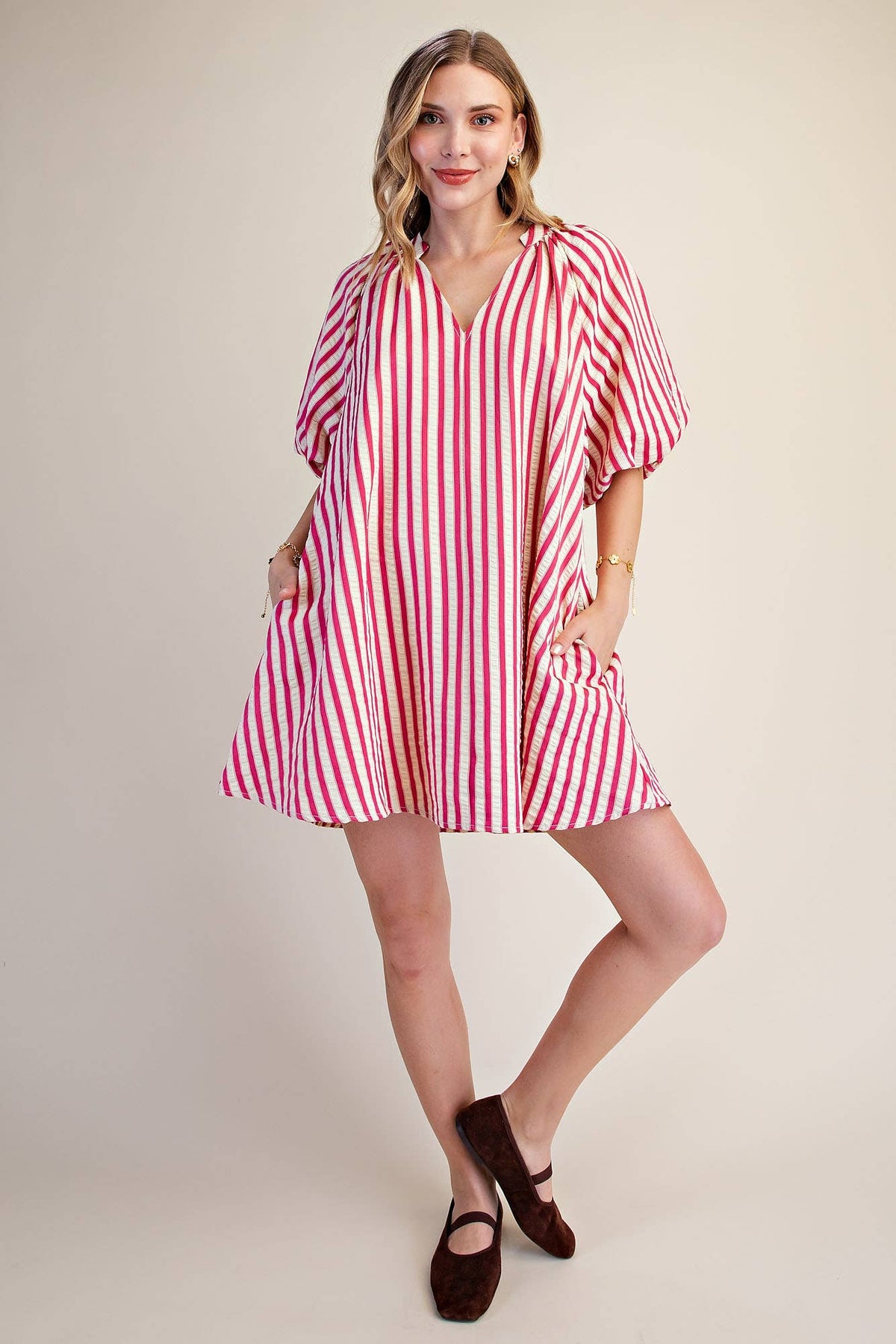 Puff-Sleeve Shift Stripe Mini Dress: Brown